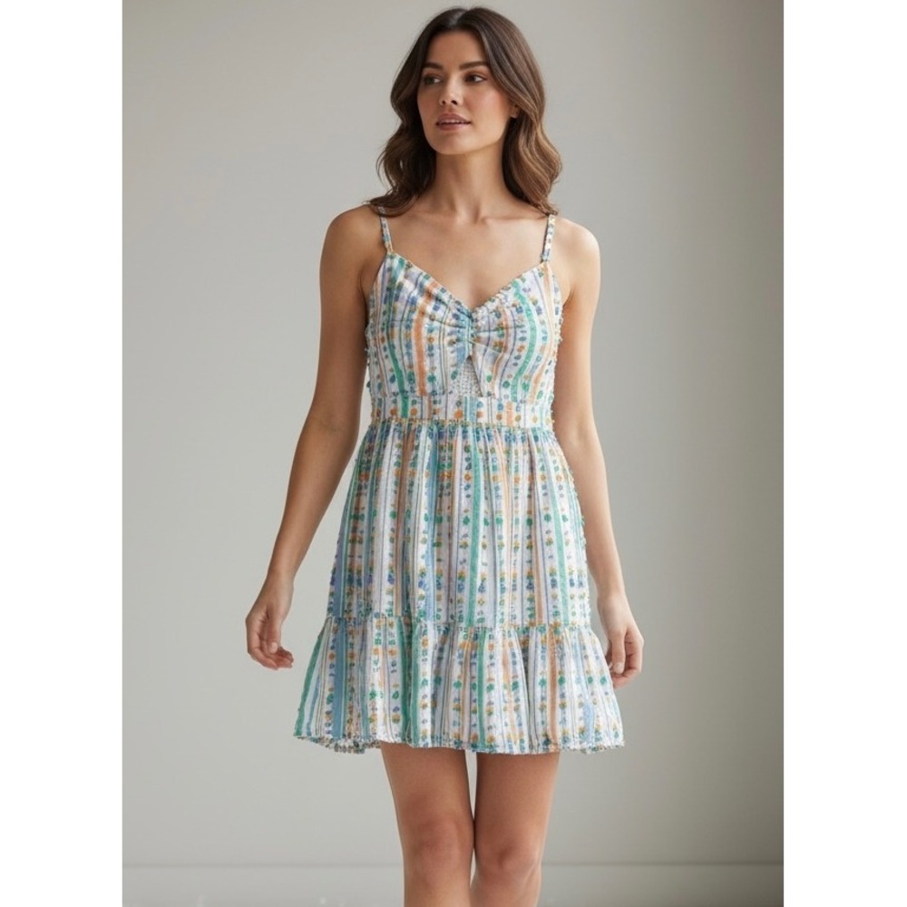 En Creme Striped Tufted‎ Mini Dress Multi Color Cotton Smocked Back Boho M